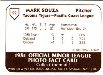 1981 TCMA Tacoma Tigers #22 Mark Souza Back