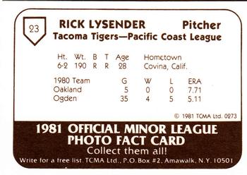 1981 TCMA Tacoma Tigers #23 Rick Lysander Back