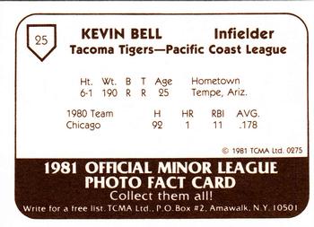 1981 TCMA Tacoma Tigers #25 Kevin Bell Back