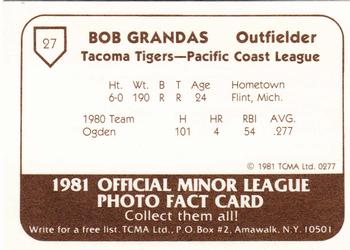 1981 TCMA Tacoma Tigers #27 Bob Grandas Back