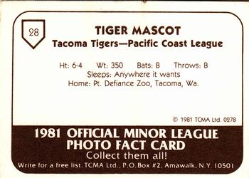 1981 TCMA Tacoma Tigers #28 Tiger Mascot Back