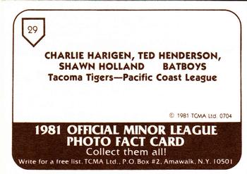 1981 TCMA Tacoma Tigers #29 Charlie Harigen / Ted Henderson / Shawn Holland Back