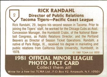 1981 TCMA Tacoma Tigers #2 Rick Randahl Back