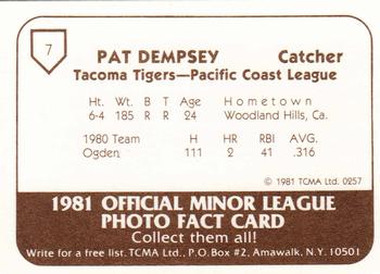 1981 TCMA Tacoma Tigers #7 Pat Dempsey Back