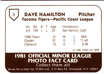 1981 TCMA Tacoma Tigers #8 Dave Hamilton Back