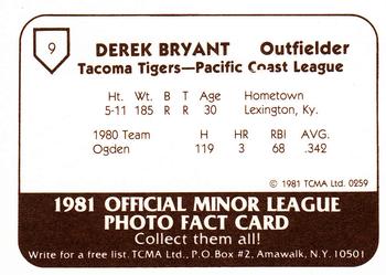1981 TCMA Tacoma Tigers #9 Derek Bryant Back