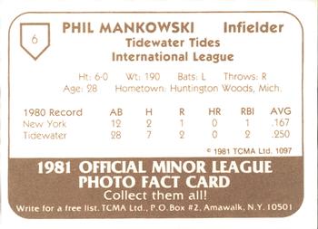 1981 TCMA Tidewater Tides #6 Phil Mankowski Back