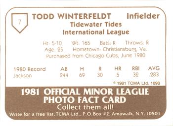 1981 TCMA Tidewater Tides #7 Todd Winterfeldt Back