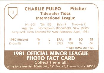 1981 TCMA Tidewater Tides #13 Charlie Puleo Back