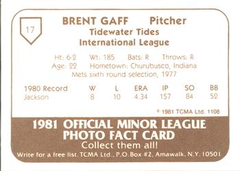 1981 TCMA Tidewater Tides #17 Brent Gaff Back