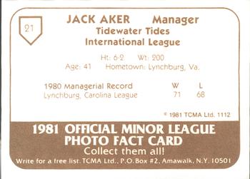 1981 TCMA Tidewater Tides #21 Jack Aker Back