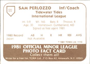 1981 TCMA Tidewater Tides #22 Sam Perlozzo Back