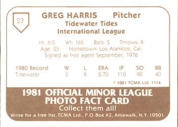 1981 TCMA Tidewater Tides #23 Greg Harris Back