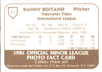 1981 TCMA Tidewater Tides #27 Danny Boitano Back