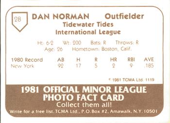 1981 TCMA Tidewater Tides #28 Dan Norman Back