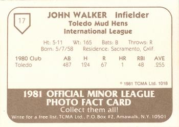 1981 TCMA Toledo Mud Hens #17 John Walker Back