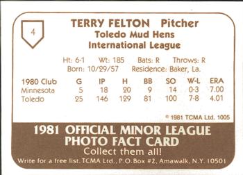 1981 TCMA Toledo Mud Hens #4 Terry Felton Back
