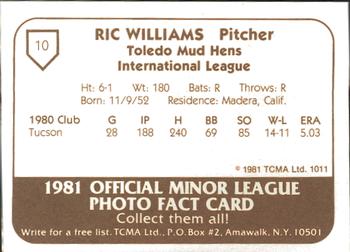 1981 TCMA Toledo Mud Hens #10 Ric Williams Back