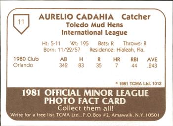 1981 TCMA Toledo Mud Hens #11 Aurelio Cadahia Back