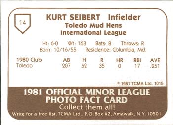 1981 TCMA Toledo Mud Hens #14 Kurt Seibert Back