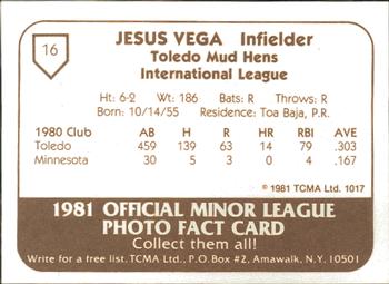 1981 TCMA Toledo Mud Hens #16 Jesus Vega Back