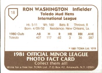 1981 TCMA Toledo Mud Hens #18 Ron Washington Back