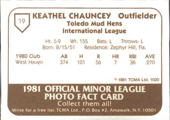 1981 TCMA Toledo Mud Hens #19 Keathel Chauncey Back