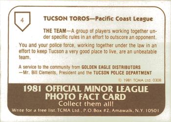 1981 TCMA Tucson Toros #4 Alan Knicely Back