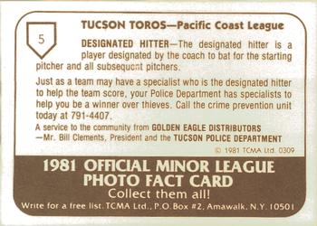 1981 TCMA Tucson Toros #5 Bob Cluck Back