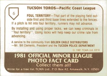 1981 TCMA Tucson Toros #6 Tom Vessey Back