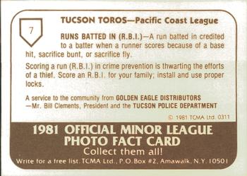 1981 TCMA Tucson Toros #7 Bert Pena Back