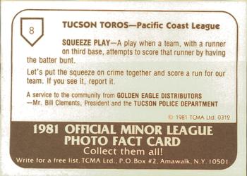 1981 TCMA Tucson Toros #8 Simon Rosario Back