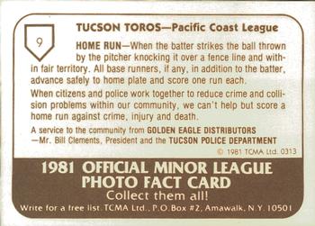 1981 TCMA Tucson Toros #9 Mark Miggins Back
