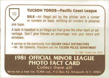 1981 TCMA Tucson Toros #10 Johnny Ray Back