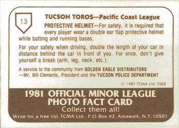 1981 TCMA Tucson Toros #13 Tom Spencer Back