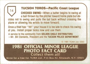1981 TCMA Tucson Toros #14 Dave Labossiere Back