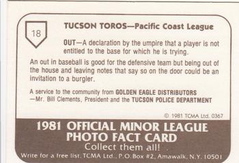 1981 TCMA Tucson Toros #18 Gordon Pladson Back