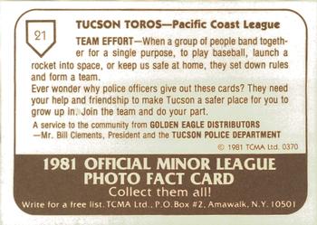 1981 TCMA Tucson Toros #21 Bert Roberge Back