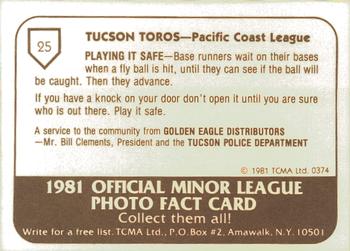 1981 TCMA Tucson Toros #25 Jack Donovan Back