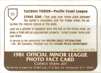 1981 TCMA Tucson Toros #26 Tom Wiedenbauer Back