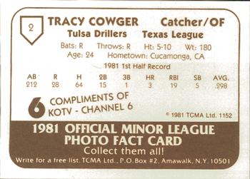 1981 TCMA Tulsa Drillers #2 Tracy Cowger Back