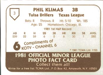 1981 TCMA Tulsa Drillers #3 Phil Klimas Back