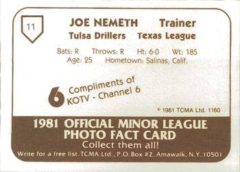 1981 TCMA Tulsa Drillers #11 Joe Nemeth Back