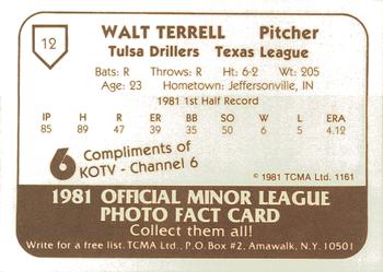 1981 TCMA Tulsa Drillers #12 Walt Terrell Back