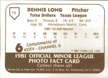 1981 TCMA Tulsa Drillers #14 Dennis Long Back