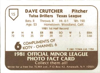 1981 TCMA Tulsa Drillers #15 Dave Crutcher Back