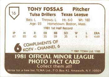 1981 TCMA Tulsa Drillers #16a Tony Fossas Back