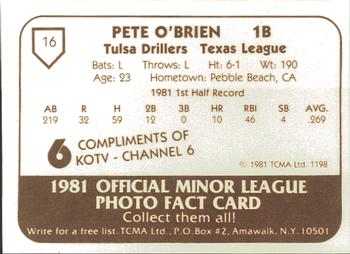 1981 TCMA Tulsa Drillers #16b Pete O'Brien Back