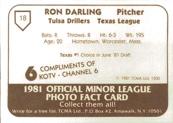 1981 TCMA Tulsa Drillers #18 Ron Darling Back