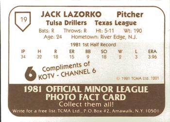 1981 TCMA Tulsa Drillers #19 Jack Lazorko Back